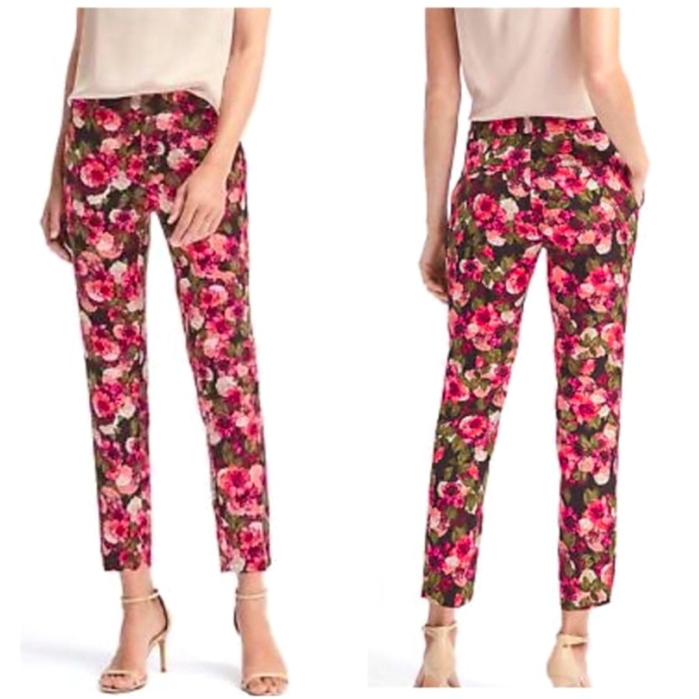 Banana Republic Avery Pant Bold Floral Ankle Length Pink Cream Black Size 8S